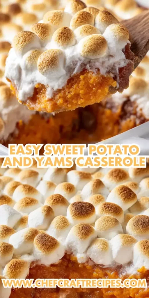 Easy sweet potato and yams casserole topped with golden toasted marshmallows in a baking dish, served as a holiday side dish.