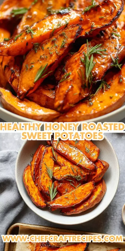 Bowl of healthy honey roasted sweet potato wedges with fresh herbs, golden and caramelized, served as a gluten free and vegan side dish.