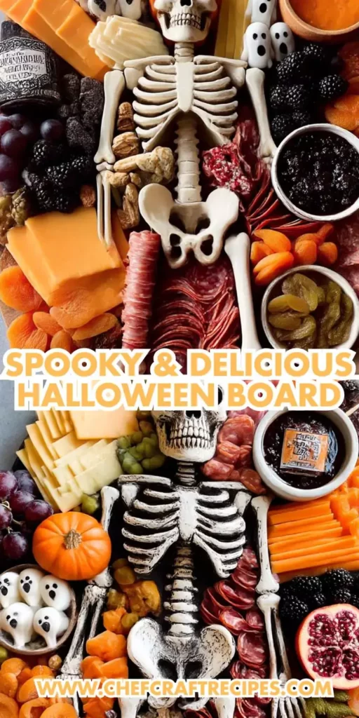 Halloween charcuterie board with skeleton centerpiece, pumpkin cheese, ghost snacks, and fall fruits.