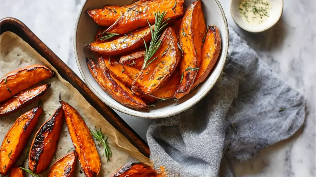 Serving bowl of honey roasted sweet potato wedges garnished with rosemary, paired with a creamy dipping sauce on the side.