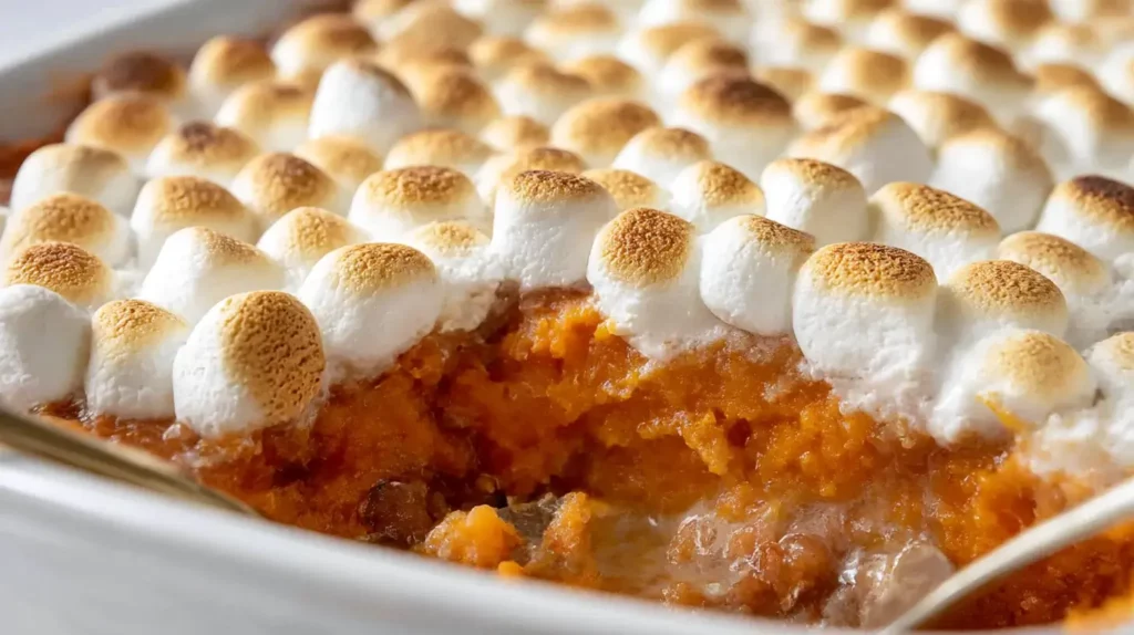 Close-up of a sweet potato casserole topped with golden toasted marshmallows in a white baking dish.