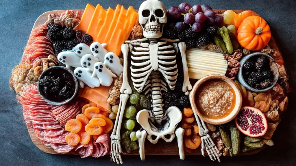 Halloween skeleton charcuterie board with ghost-shaped cheese, pumpkin cheddar, fruits, and dips.