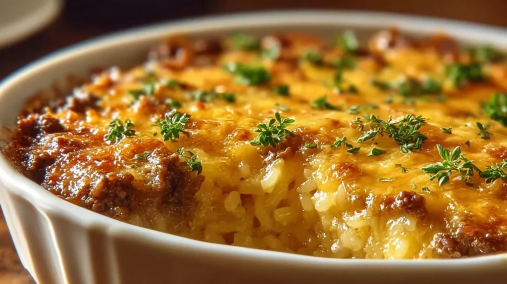Cheesy hamburger rice casserole served in a baking dish with melted cheese on top.
