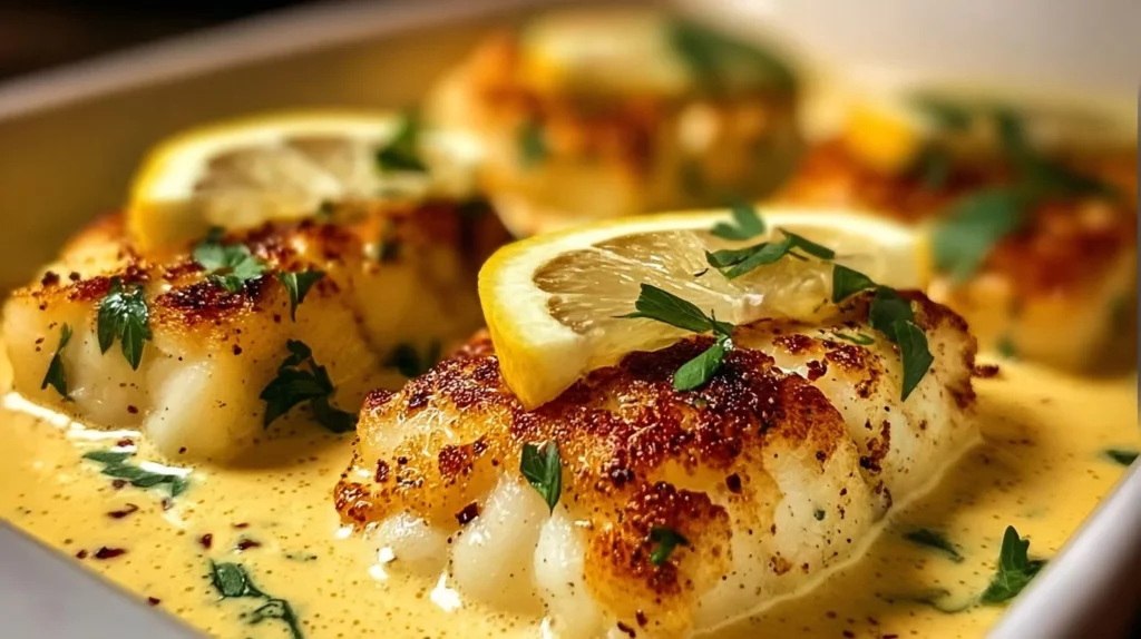 Baked cod fillet topped with coconut lemon cream sauce on a plate
