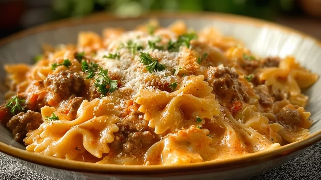 Plate of bowtie pasta with ground beef and herbs cooked to perfection