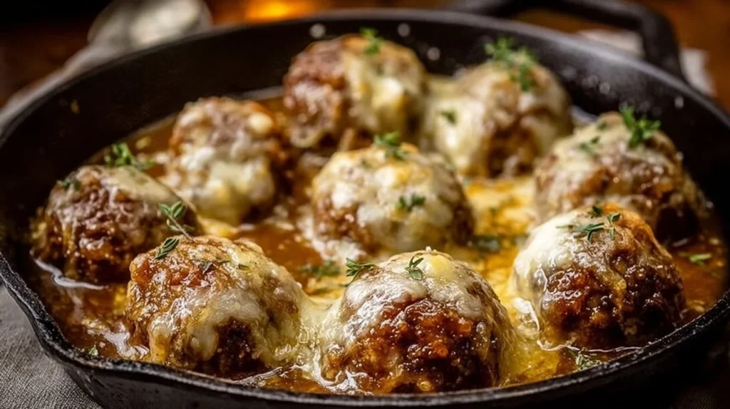 Delicious Cheesy French Onion Meatballs served with melted cheese and herbs