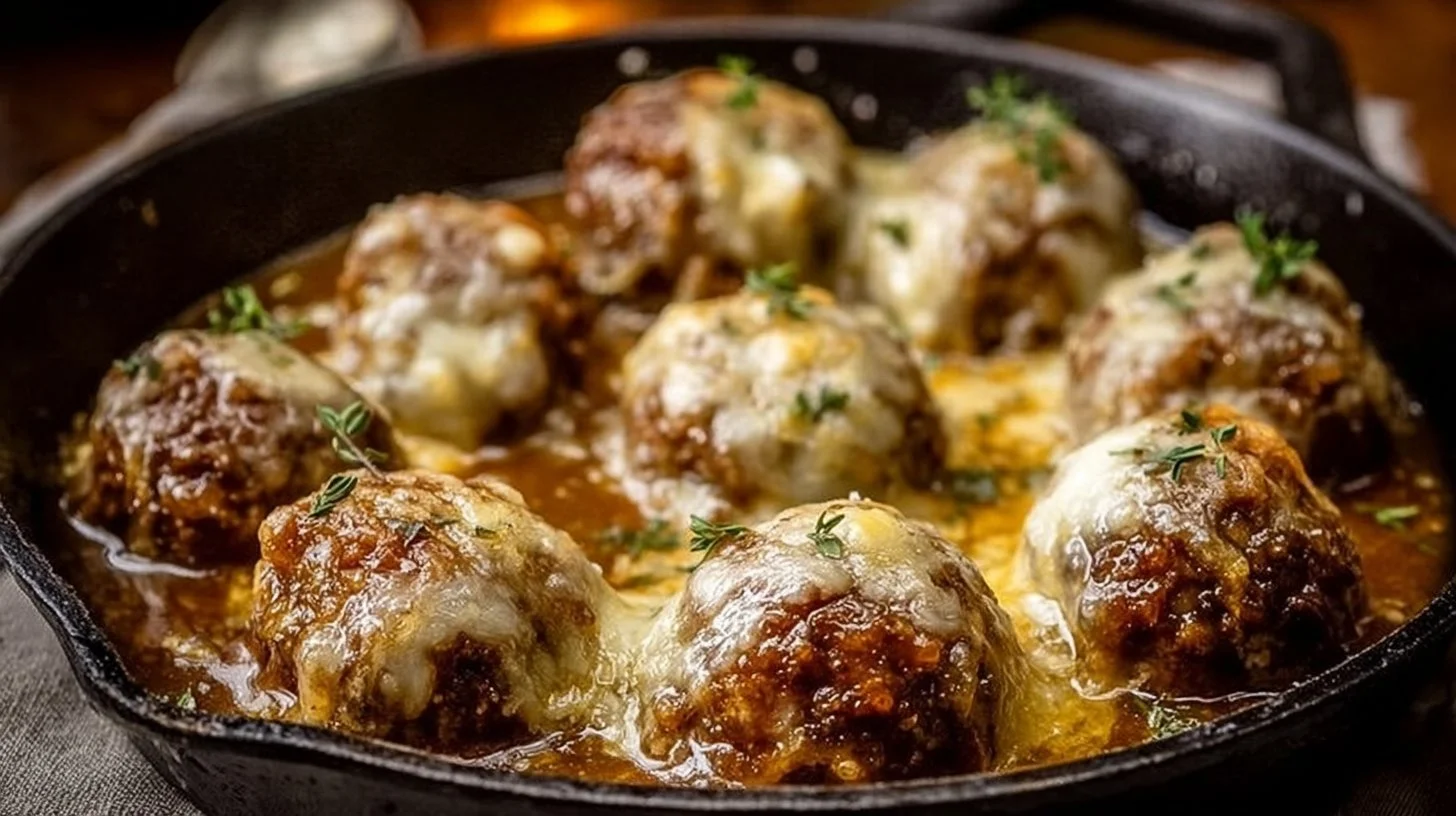 Delicious Cheesy French Onion Meatballs served with melted cheese and herbs