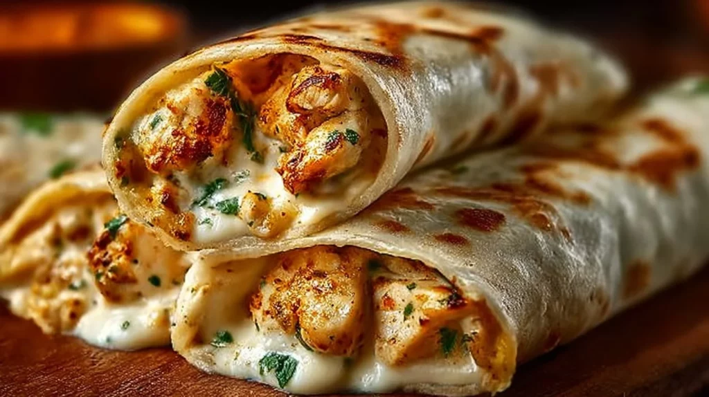 Delicious cheesy garlic chicken wraps served on a plate