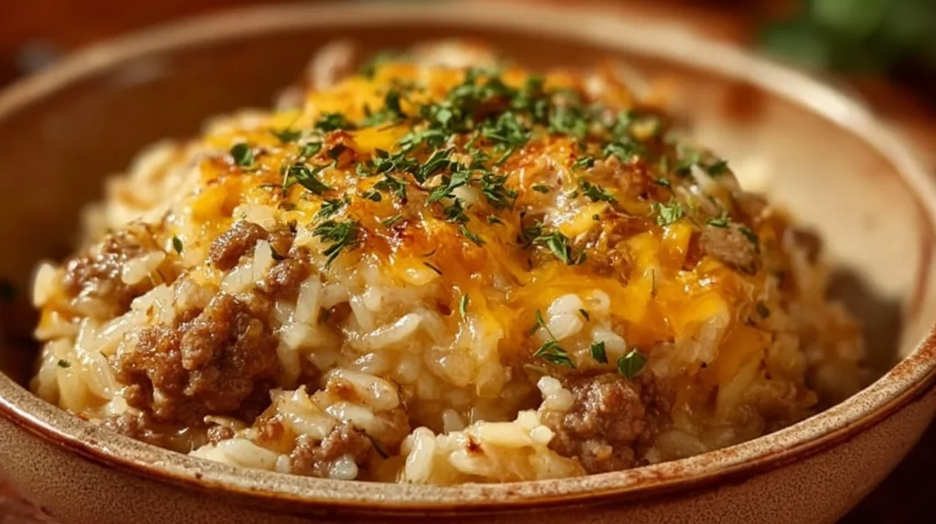 Cheesy hamburger rice casserole served in a baking dish, topped with melted cheese.
