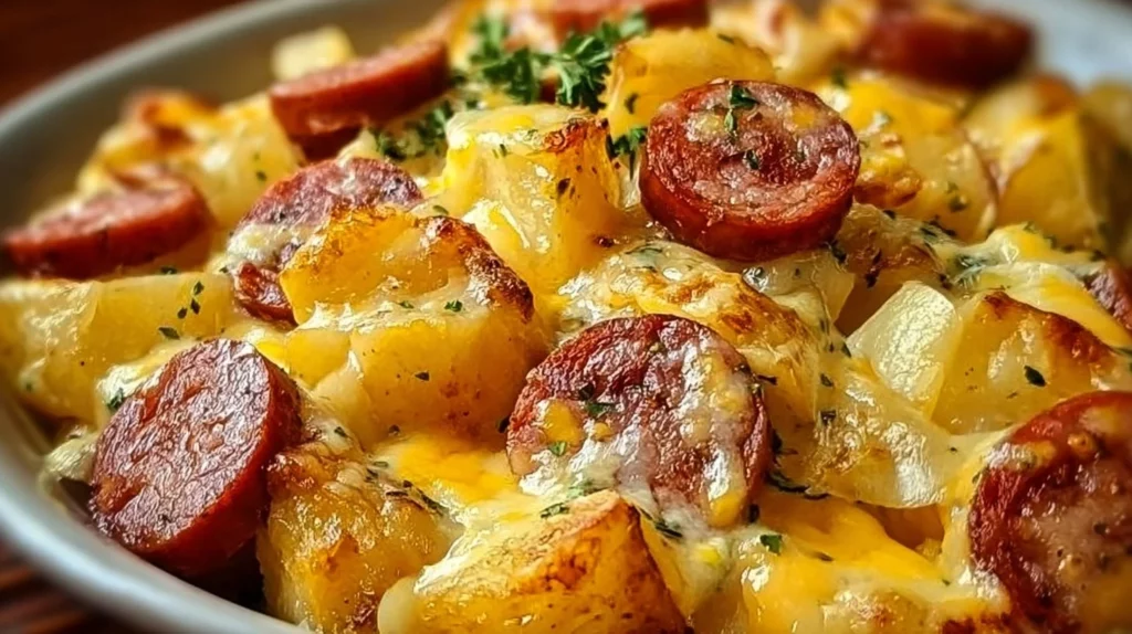 Plate of cheesy ranch potatoes with smoked sausage, garnished and ready to serve.
