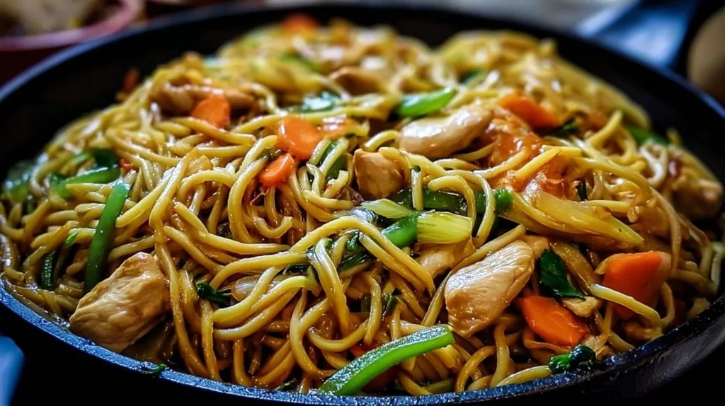 Delicious Chicken Lo Mein dish served in a bowl with colorful vegetables.