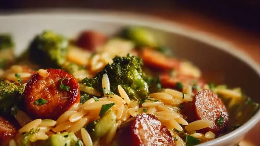 Chicken Sausage and Broccoli Orzo dish served in a bowl.