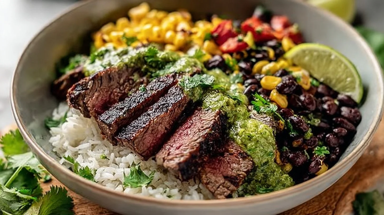 Cilantro Lime Steak Bowl with vibrant vegetables and lime wedges