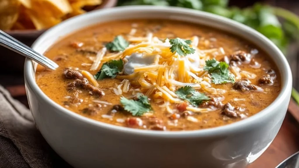 Creamy cheesy ground beef taco soup served in a bowl with toppings.