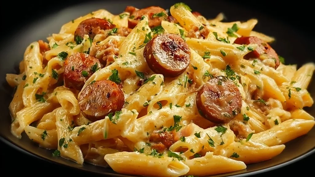 Creamy smoked sausage pasta dish garnished with herbs and served in a bowl