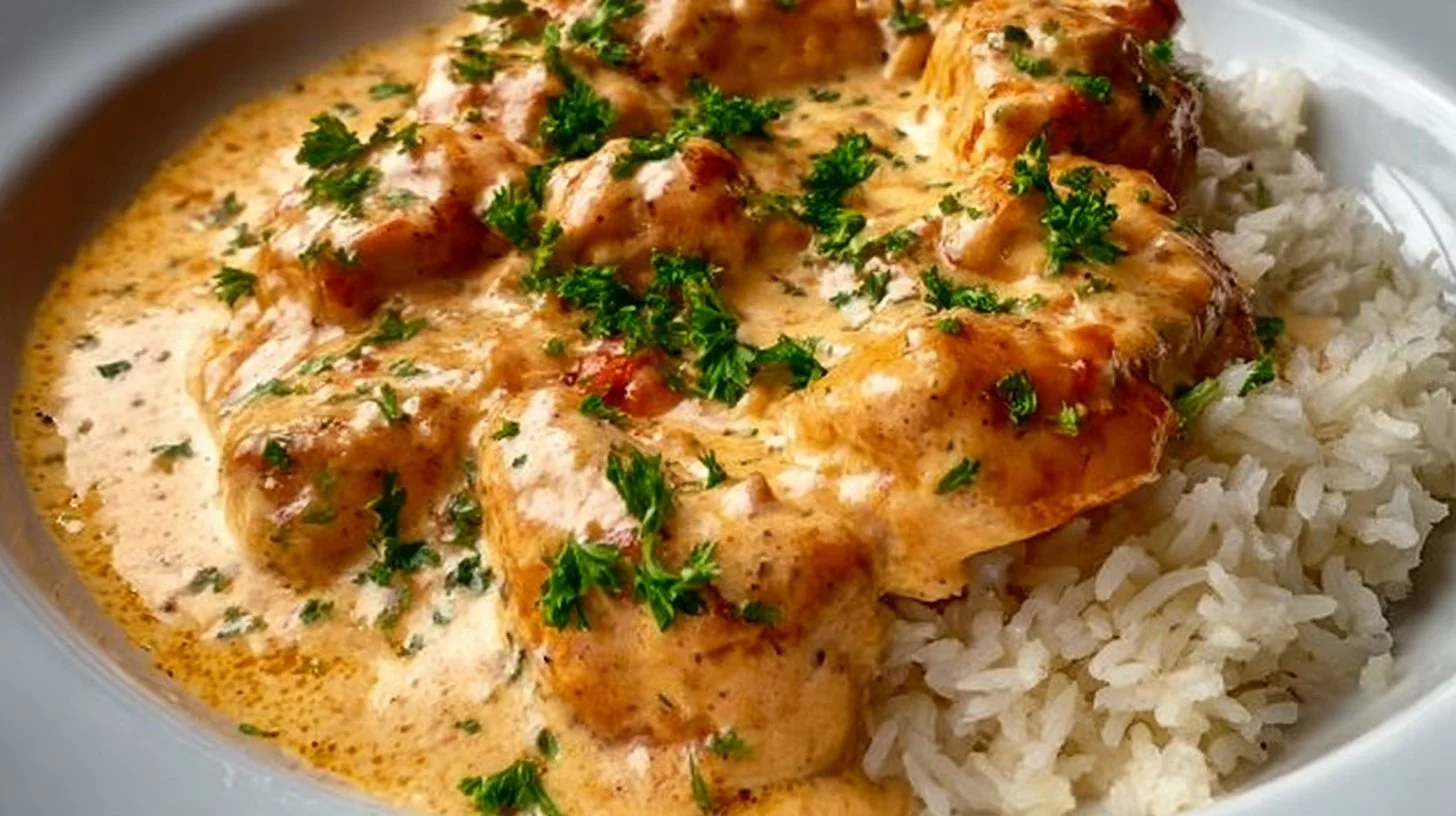 Creamy smothered chicken served over rice