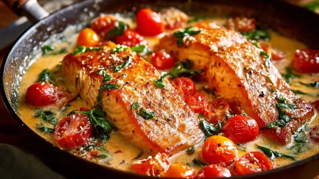 Creamy Tuscan Salmon topped with herbs and spices in a creamy sauce