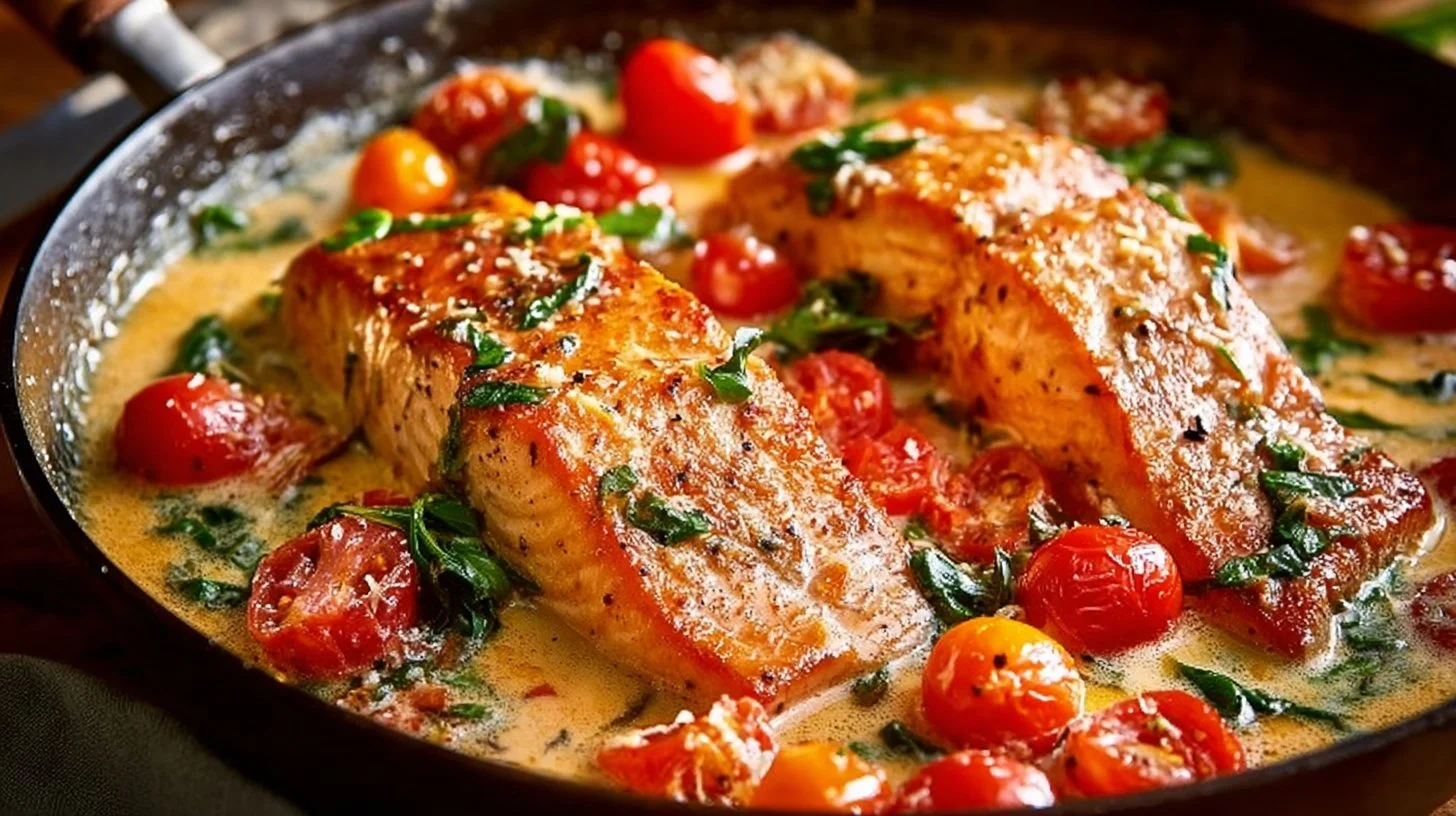 Creamy Tuscan Salmon topped with herbs and spices in a creamy sauce