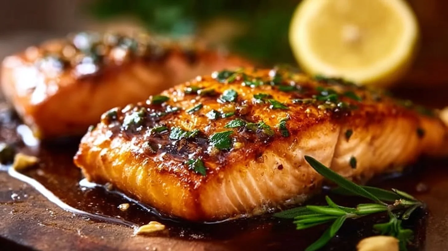 Delicious crispy honey garlic glazed salmon fillet on a plate