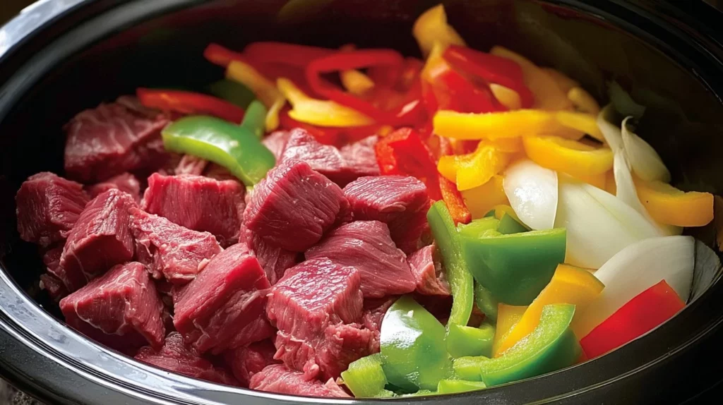 Delicious Crock Pot Pepper Steak served with vegetables and rice
