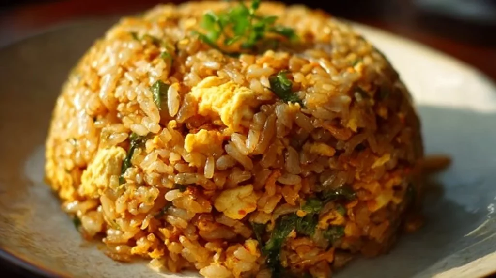 Delicious bowl of easy egg fried rice garnished with vegetables and eggs.