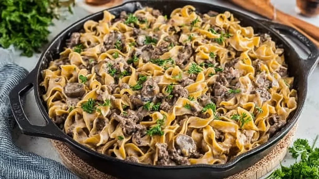 Delicious bowl of easy Ground Beef Stroganoff served with noodles