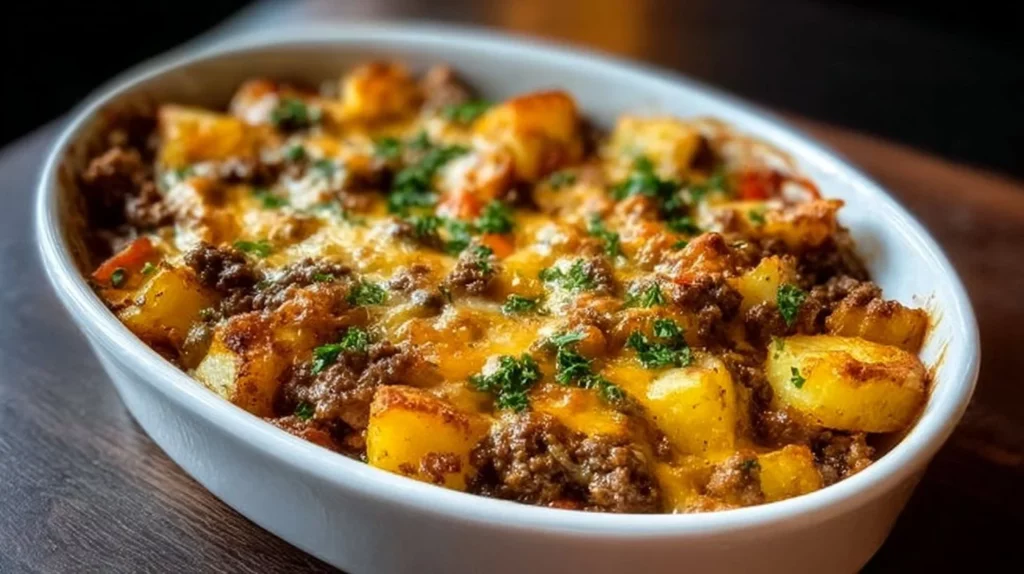 Delicious hobo casserole served in a dish, showcasing its hearty ingredients.