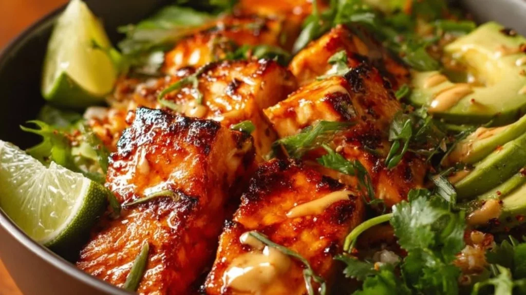 Delicious honey glazed salmon bowls with vibrant vegetables and grains.