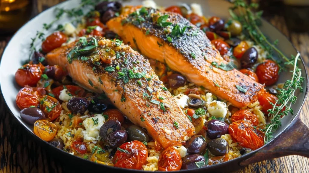 Plate of Mediterranean Salmon garnished with herbs and lemon slices