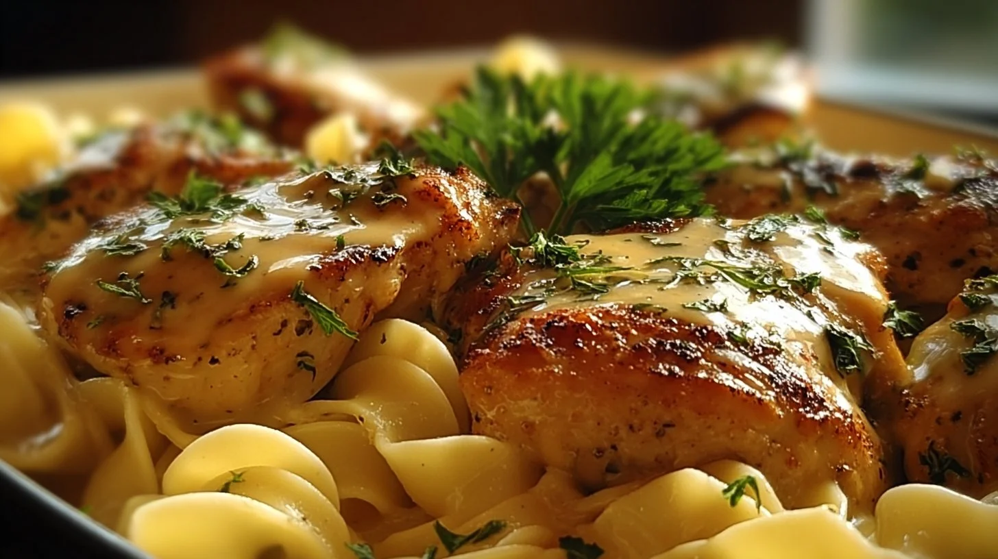 One-Pan Chicken with Buttered Noodles served in a skillet.
