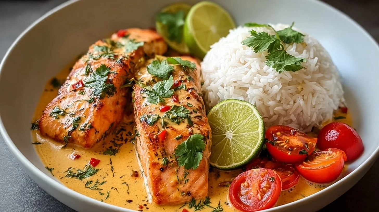 One-Pan Coconut Curry Salmon with Garlic Butter served in a skillet