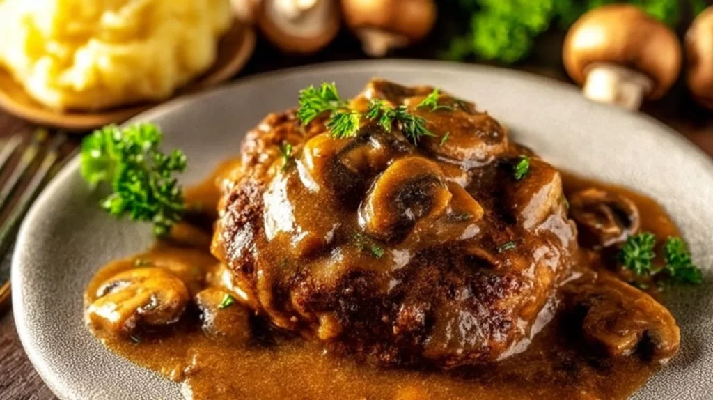 Delicious Salisbury steak with rich gravy and sides on a plate.