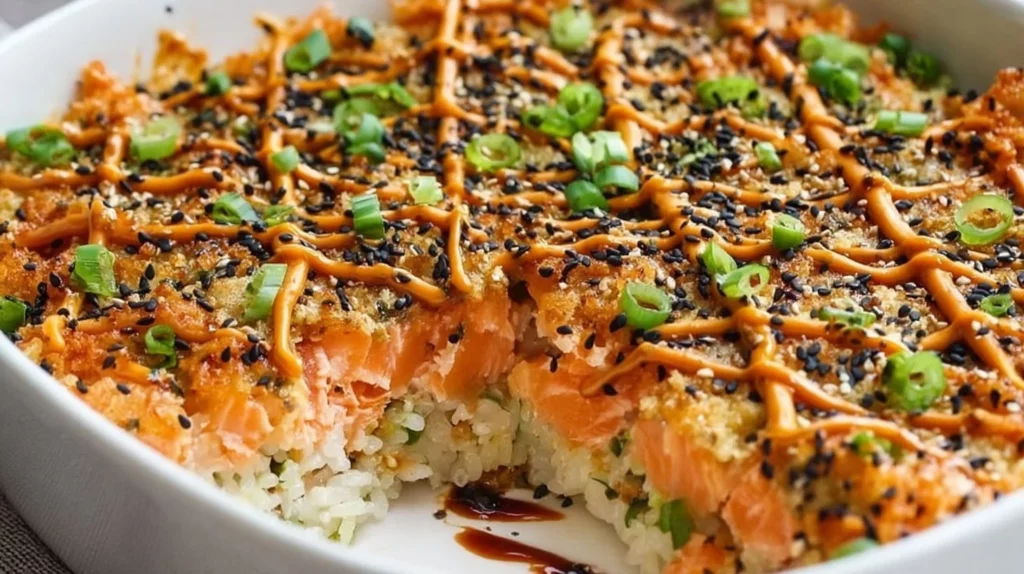 Baked salmon sushi dish with layers of rice, salmon, and toppings