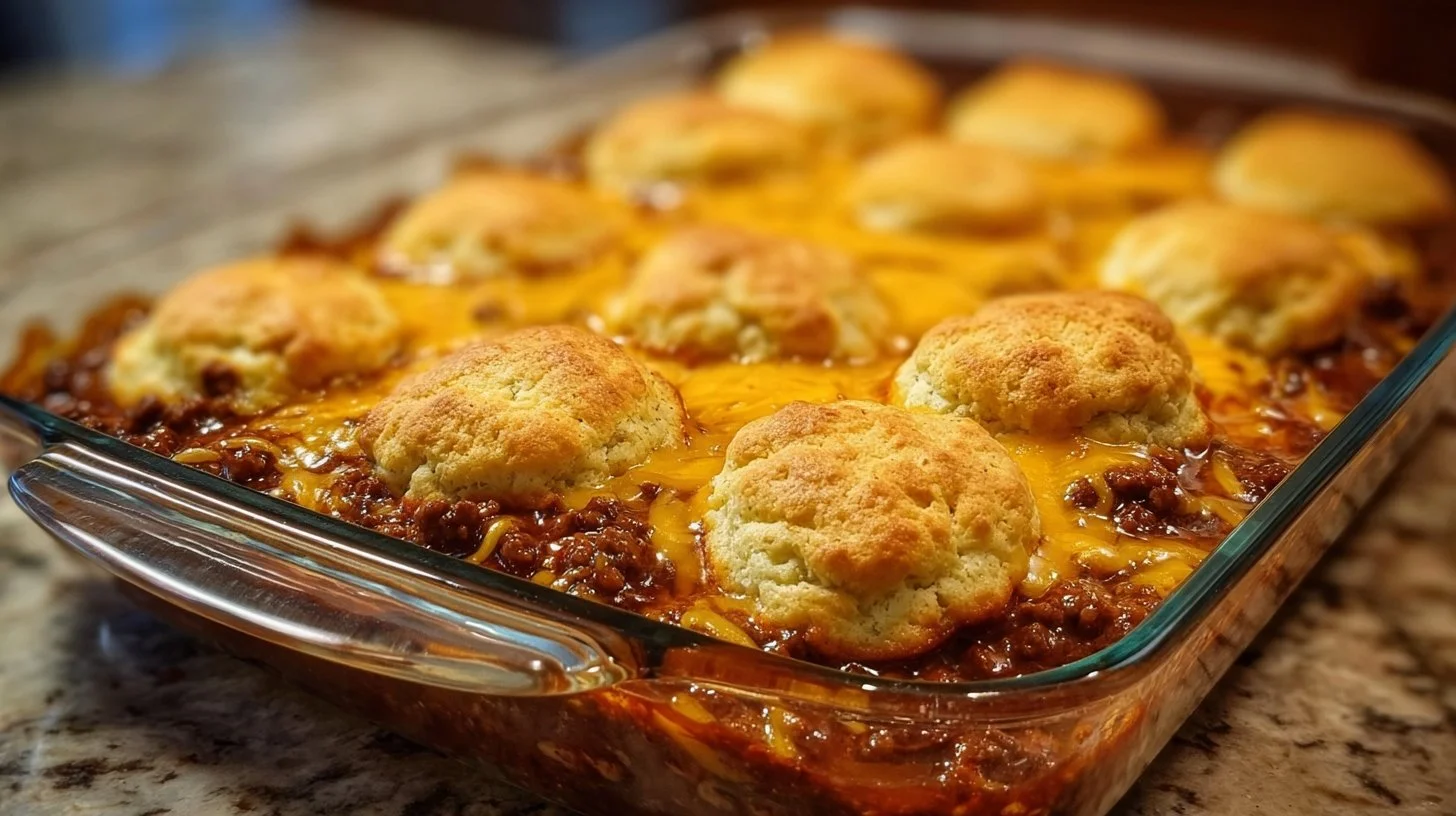 Sloppy Joes Biscuits Casserole served in a baking dish with toppings