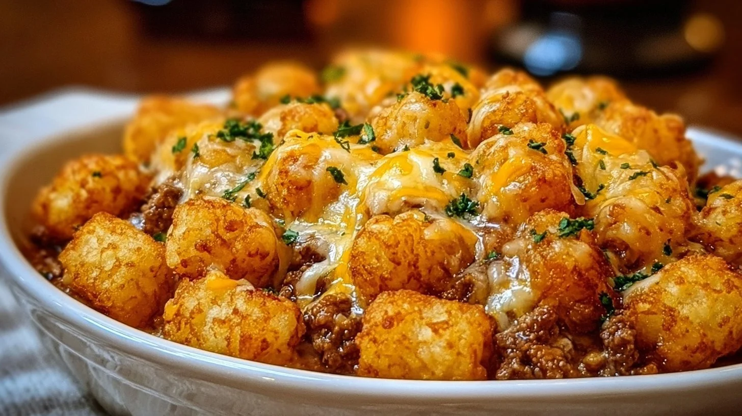 Homemade Tater Tot Casserole ready to serve, topped with golden-brown tater tots.