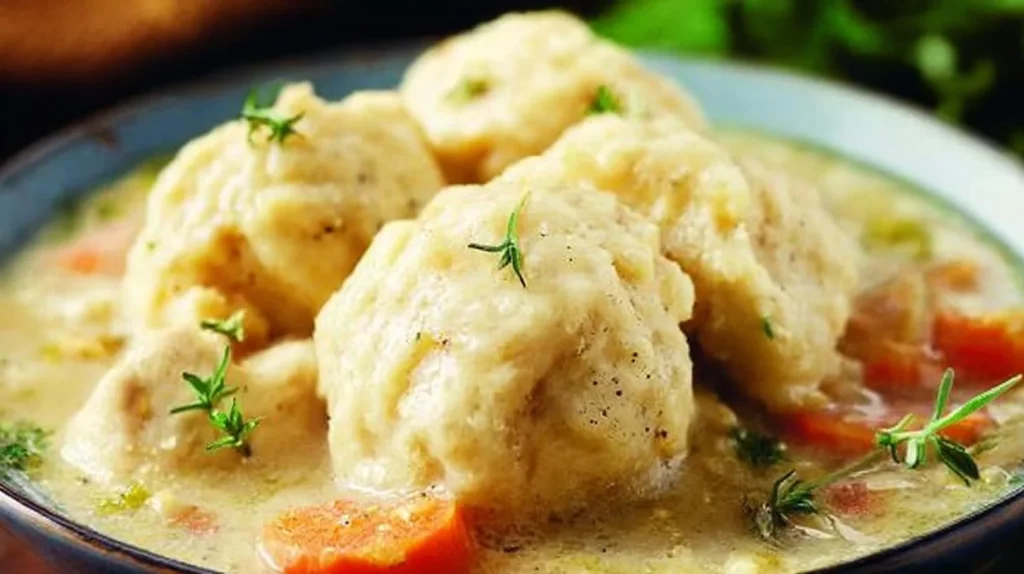 Cozy chicken and dumplings served in a bowl with fresh herbs