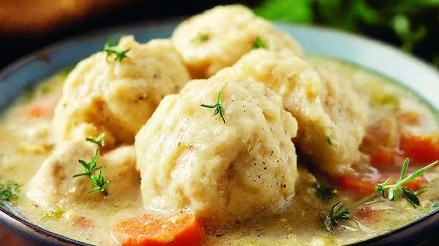 Cozy chicken and dumplings served in a bowl with fresh herbs