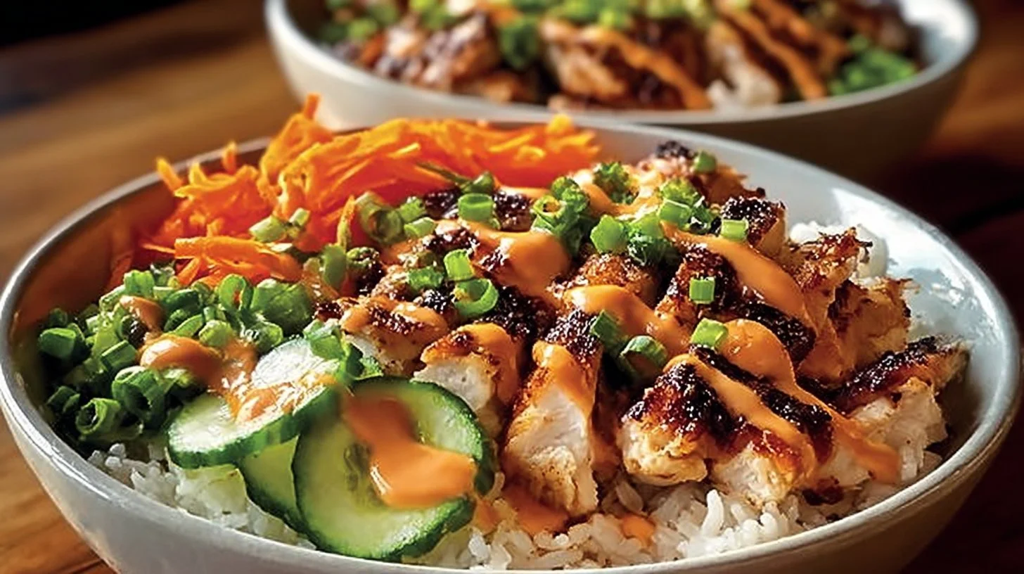 A delicious Bang Bang Chicken Bowl topped with fresh ingredients.