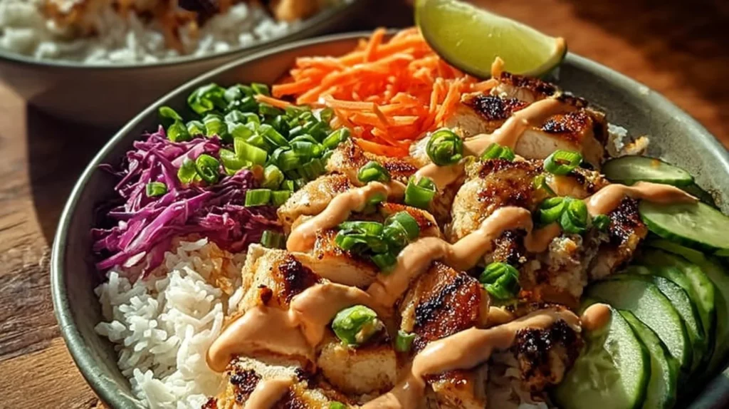 Delicious Bang Bang Chicken Bowl with tender chicken and spicy sauce