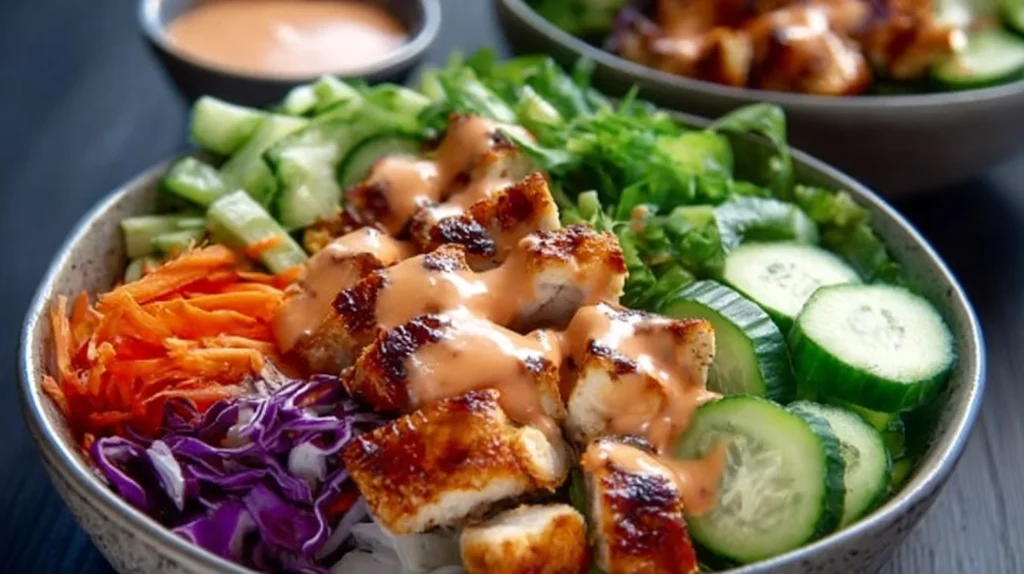 Delicious Bang-Bang Chicken Bowl topped with fresh vegetables and spicy sauce.