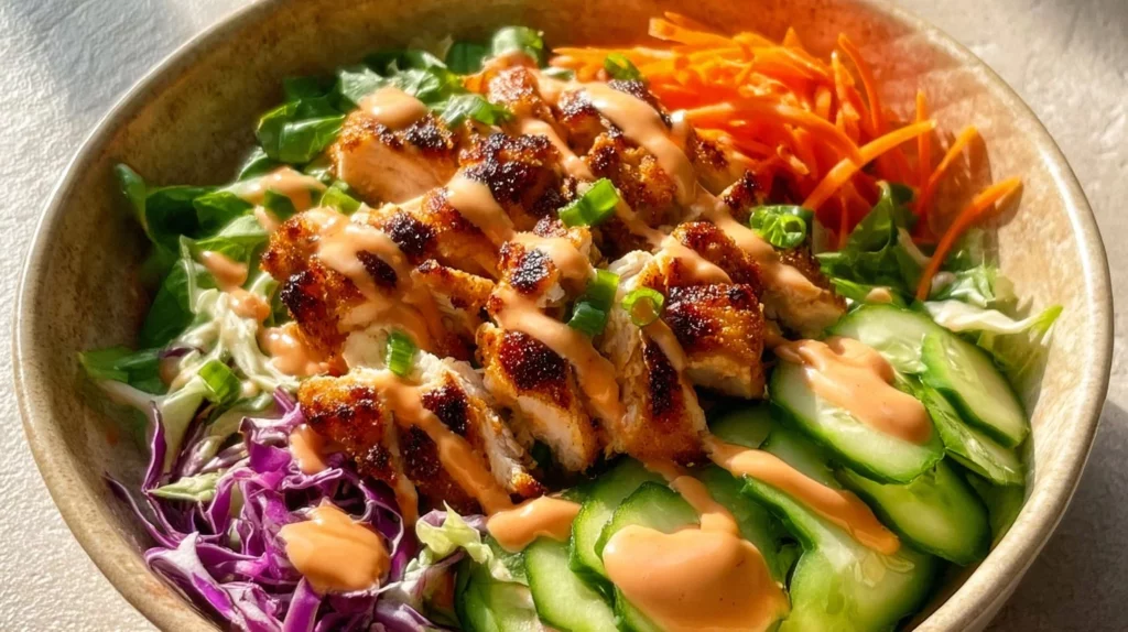 Delicious Bang Bang Chicken Bowl with tender chicken, zesty sauce, and vegetables