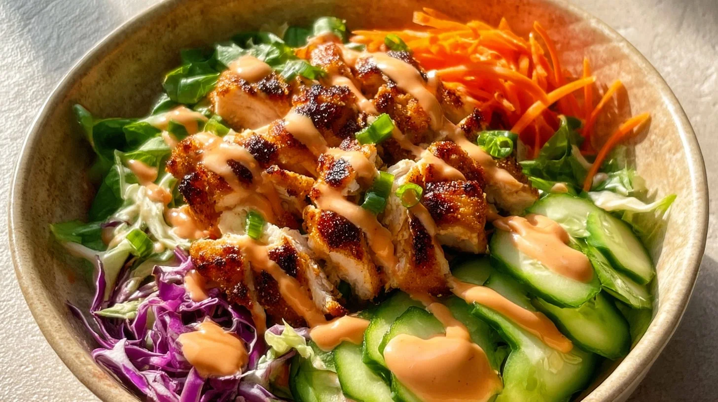 Bang Bang Chicken Bowl 2 Delicious Bang Bang Chicken Bowl with tender chicken, zesty sauce, and vegetables