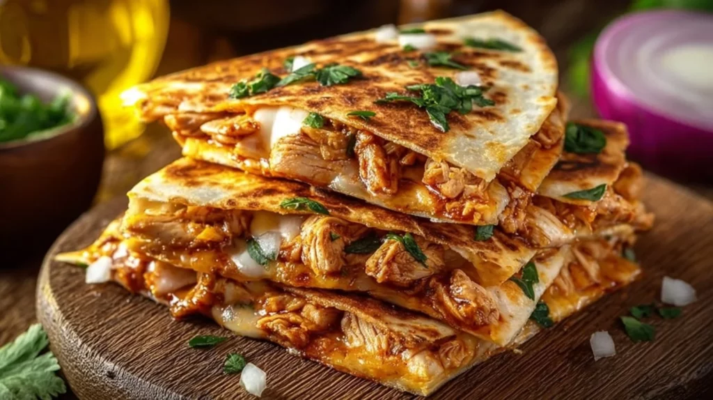 BBQ Chicken Quesadillas ready to serve with melted cheese and garnished
