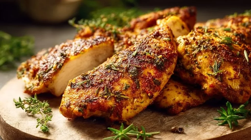Juicy baked chicken breast served with herbs and vegetables