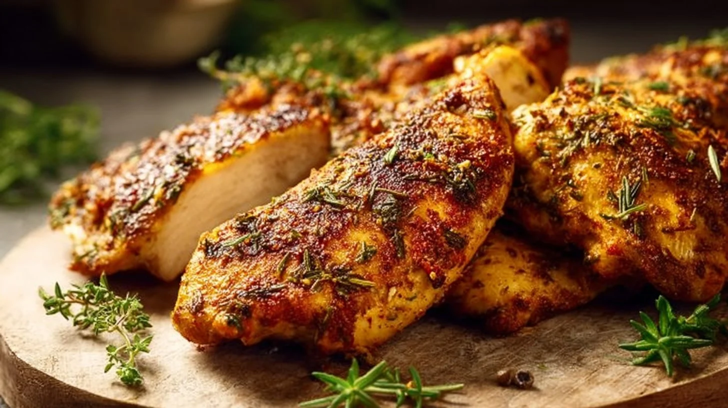 Juicy baked chicken breast served with herbs and vegetables