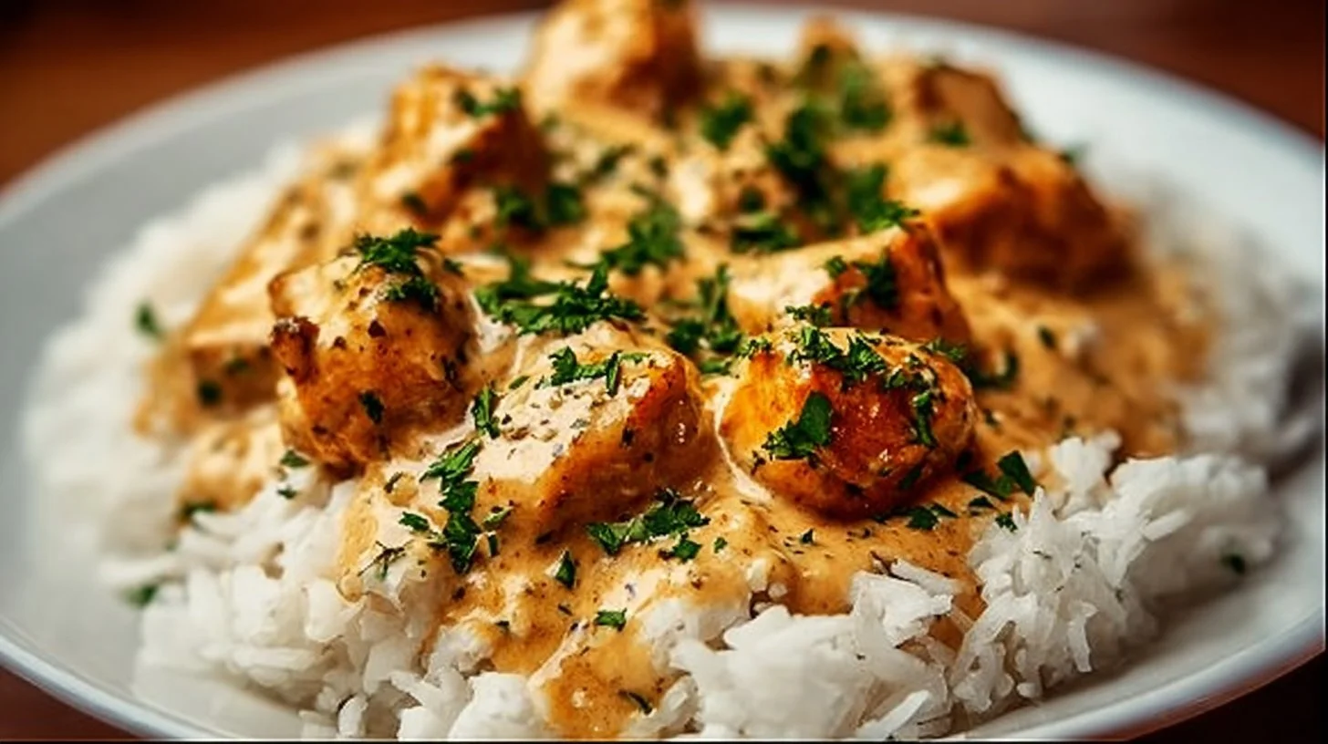 A delicious plate of smothered chicken served over fluffy rice with gravy