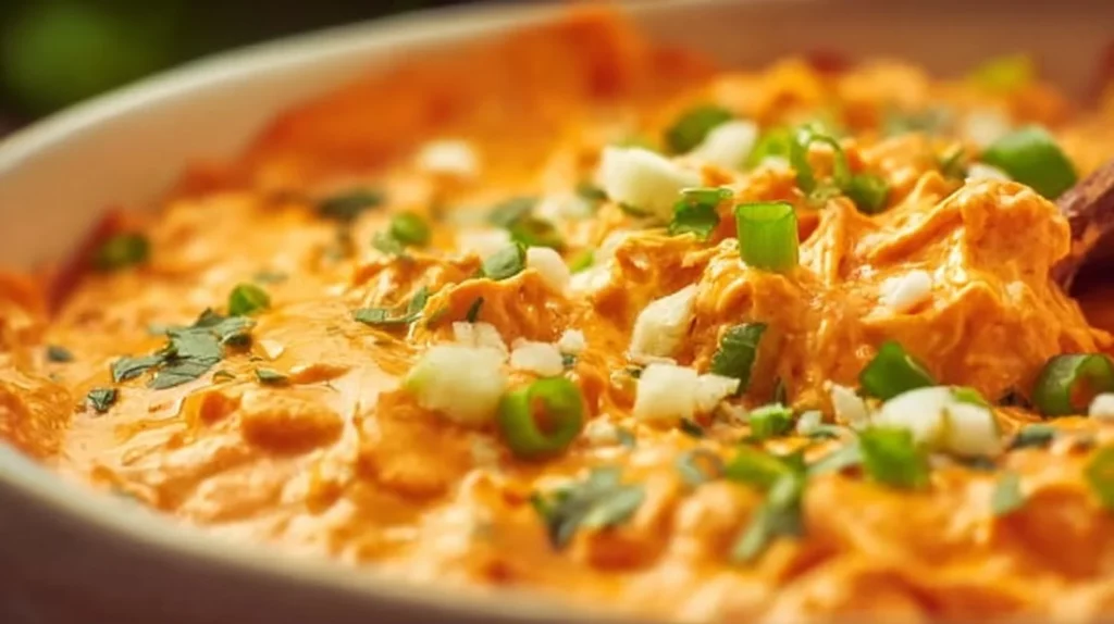 Bowl of creamy Buffalo Chicken Dip garnished with green onions and served with chips.