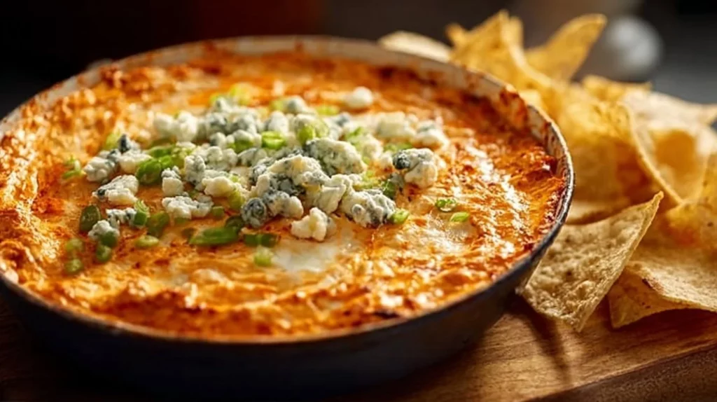 Delicious Buffalo Chicken Dip served in a bowl with tortilla chips