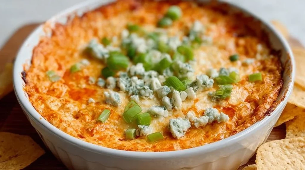 Delicious Buffalo Chicken Dip served in a bowl with tortilla chips