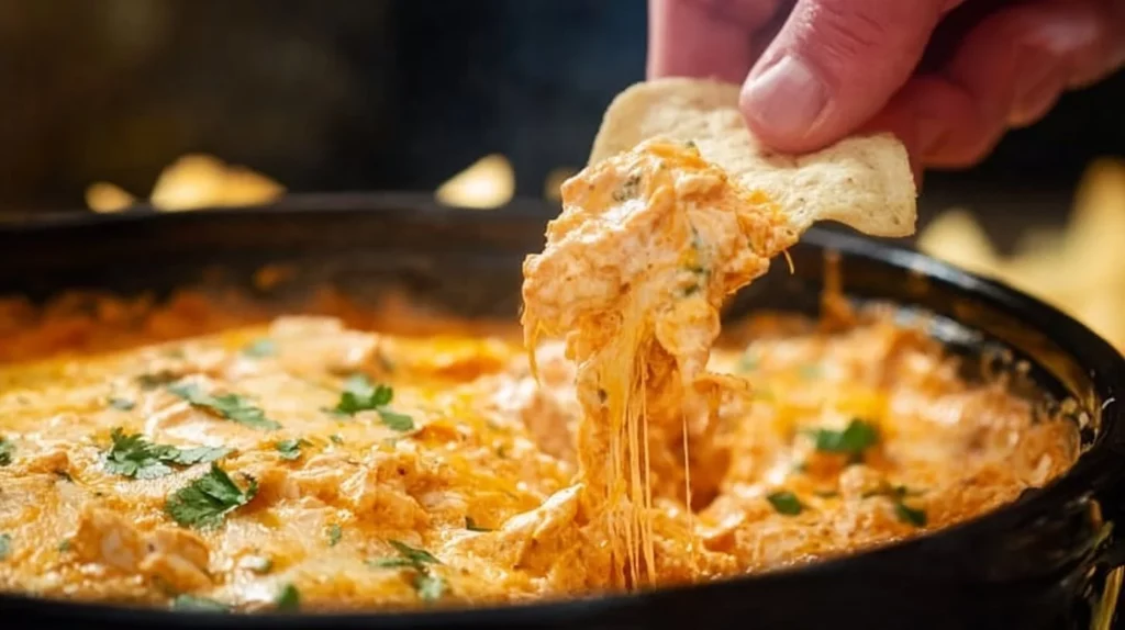 Delicious Buffalo Chicken Dip served in a bowl with tortilla chips